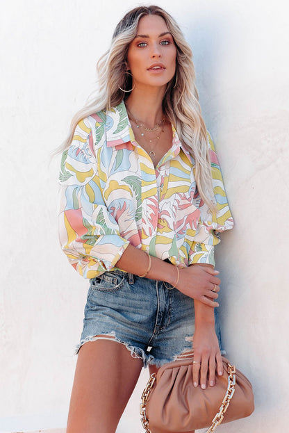 Camisa holgada con cuello vuelto y estampado abstracto multicolor 