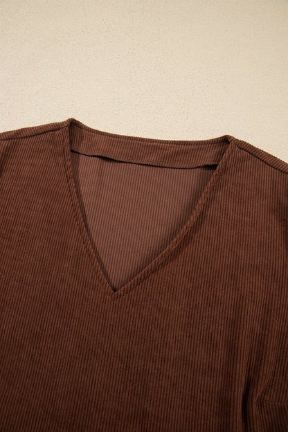 Coffee Winter Corduroy V Neck Long Sleeve Plus Size Mini Dress