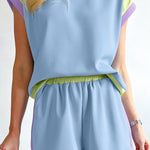 Ensemble t-shirt et short à manches courtes et bordure contrastante bleue