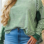 Green Stripe Exposed Seam Patchwork Plus Size Thermal Top