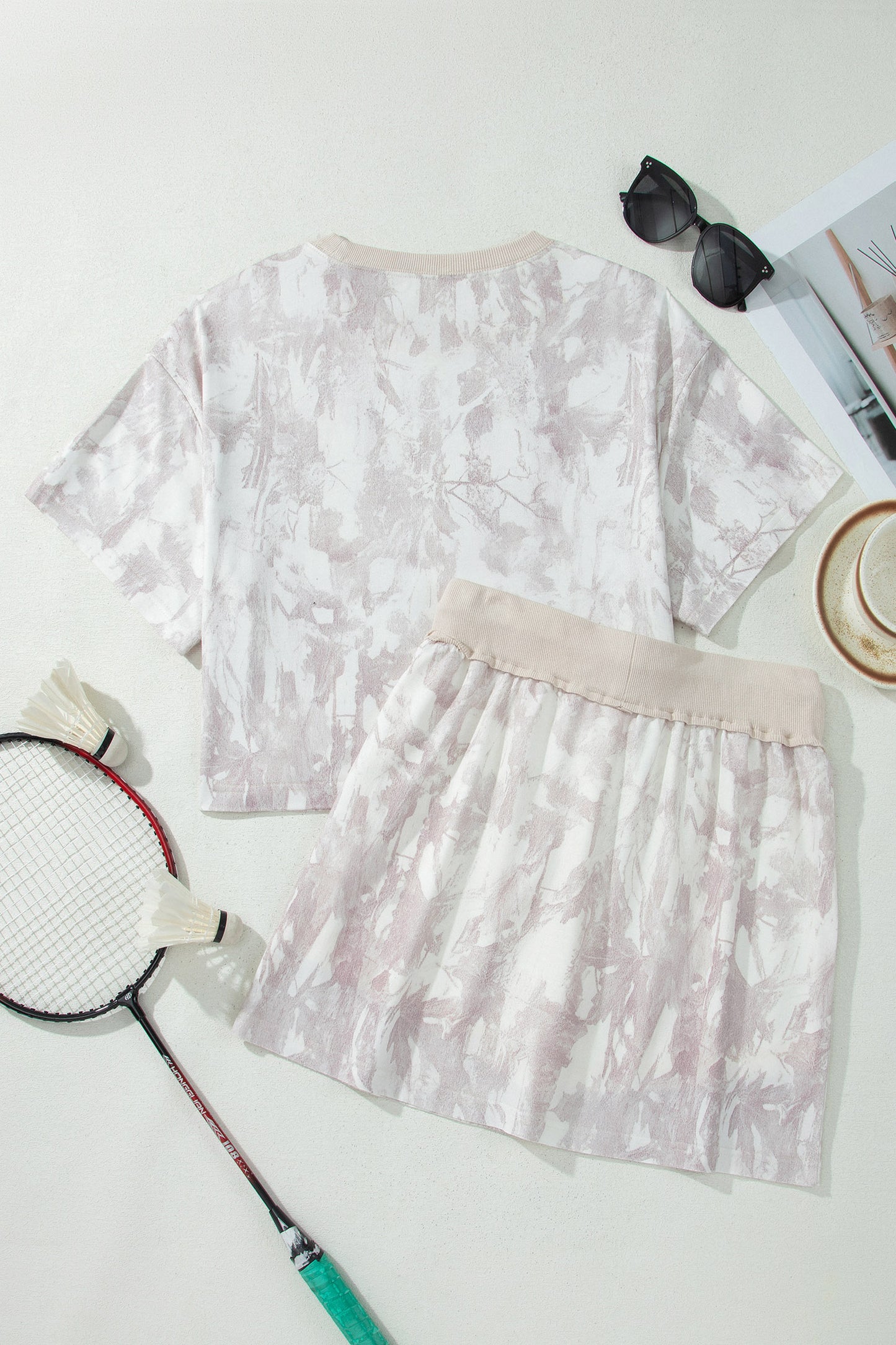 Gray Woodland Camo Print Raw Edge Cropped Top 2pcs Skort Set