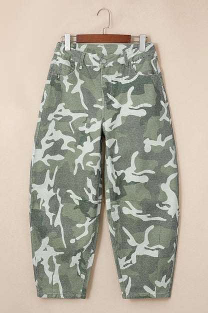 Green Camo Print Button Fly Straight Leg Ankle Length Jeans