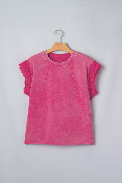 Pink Mineral Wash Raw Seam Detail Lace Trim Cap Sleeve Top
