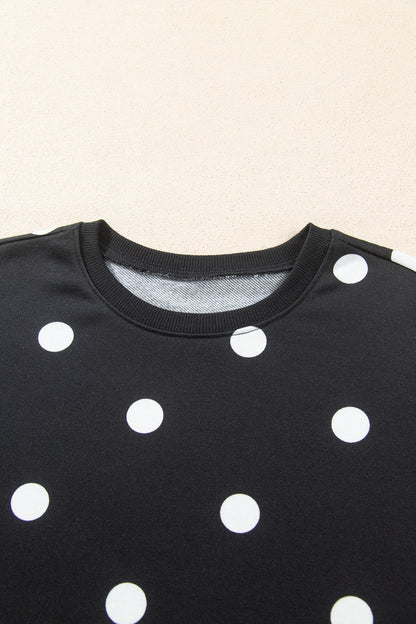 Black Polka Dot Raw Hem Relaxed Pullover Loose Skort Two Piece Set