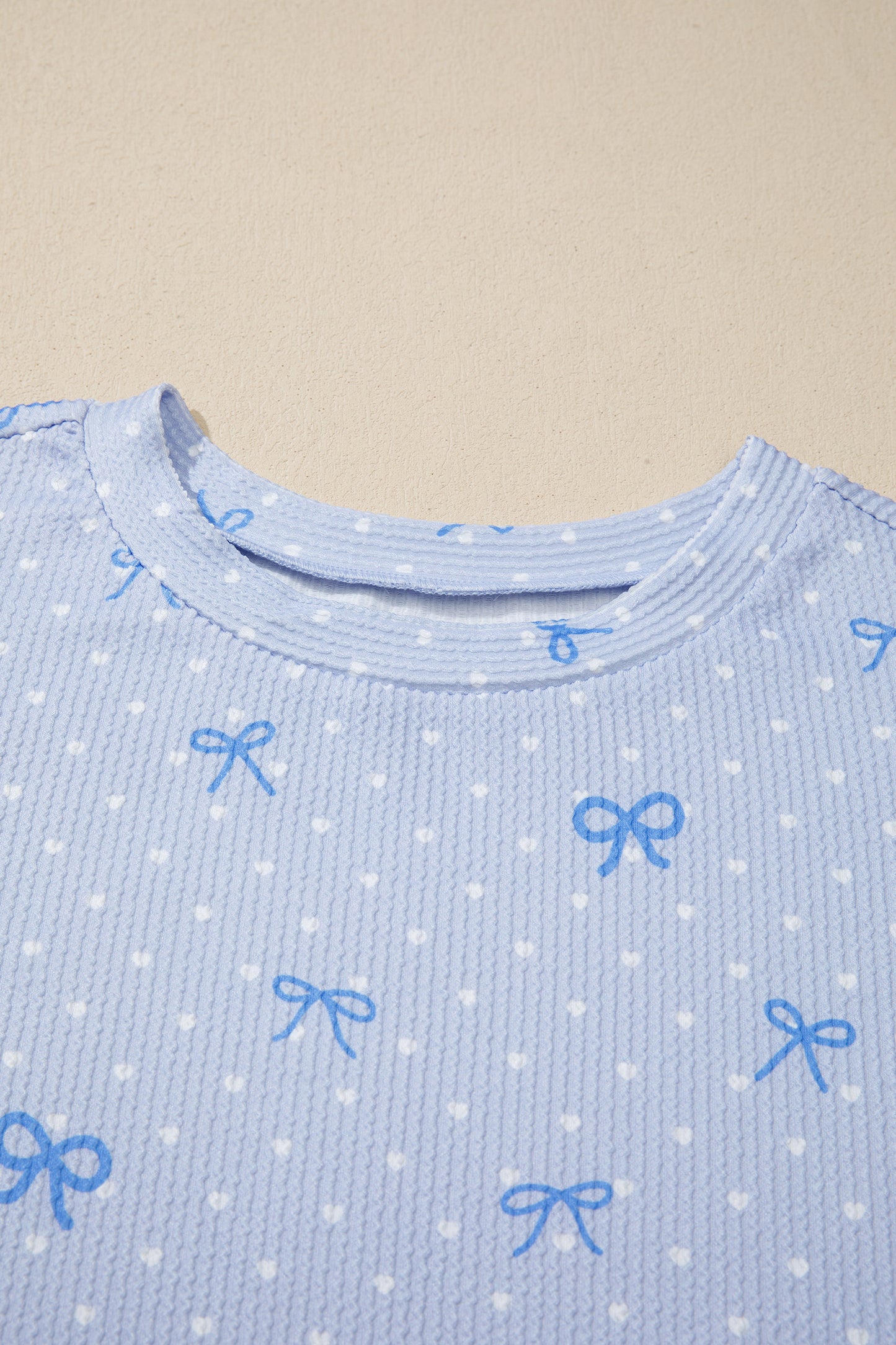 Sky Blue Tiny Heart Bow Print Twisted Rib Loose 2pcs Short Set
