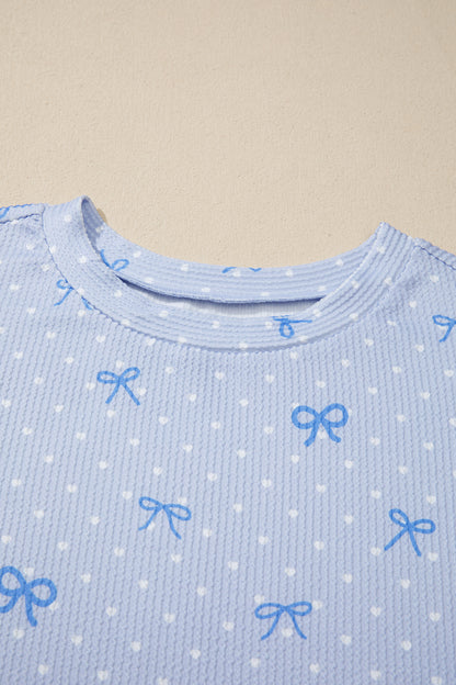Sky Blue Tiny Heart Bow Print Twisted Rib Loose 2pcs Short Set