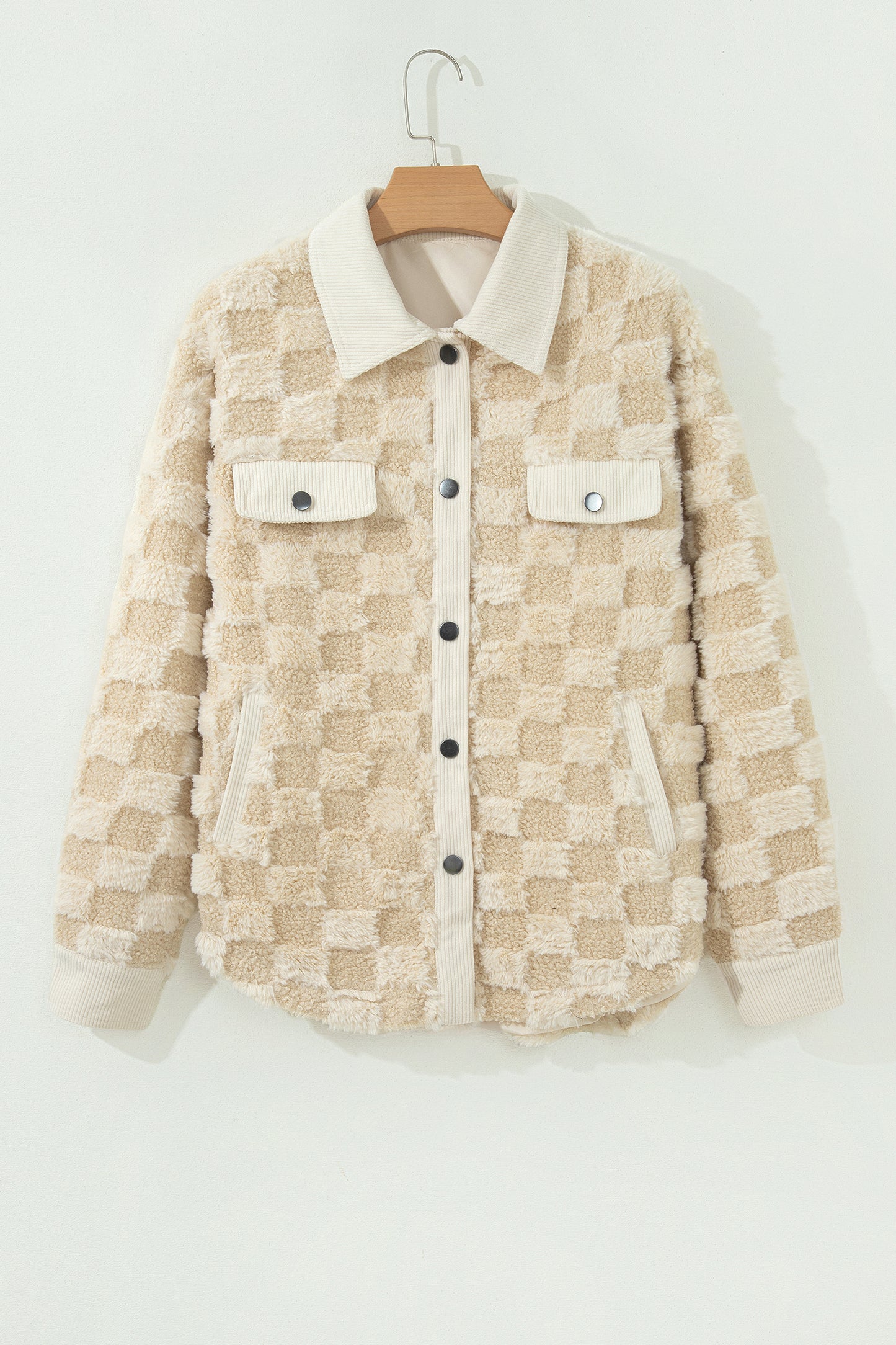 Khaki Plush Checkered Corduroy Trim Metal Button Long Sleeve Shift Silhouette Shacket