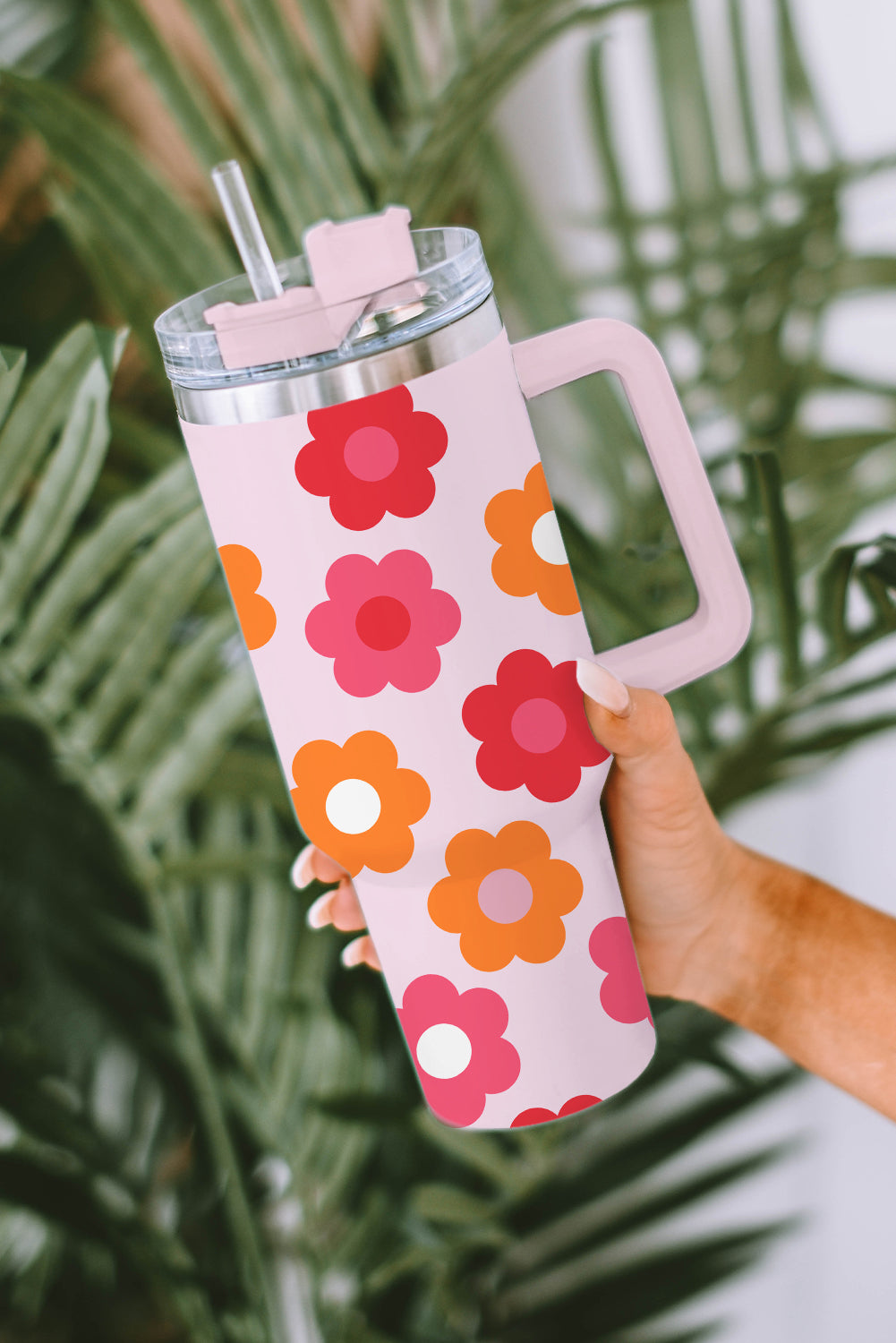 Taza de vacío de acero inoxidable con asa y estampado de flores multicolores