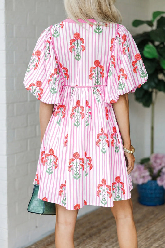 Pink Floral Striped Print Tie Notched Neck Puff Sleeve Flared Mini Dress