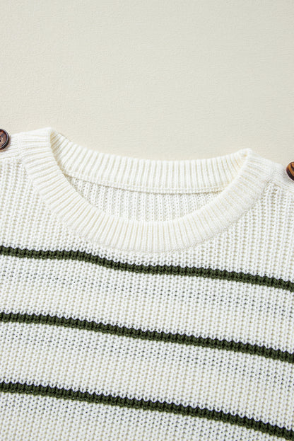 Green Color Block Striped Buttoned Shoulder Split Sweater