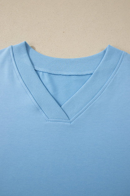 Beau Blue Solid Color V Neck Tee Drawstring Pant Set
