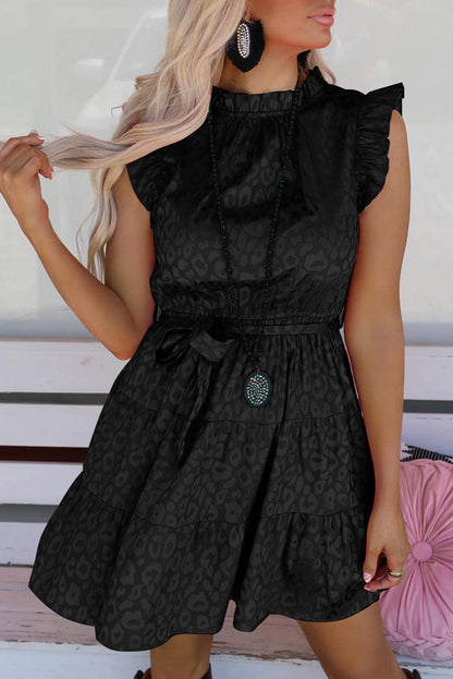 Vestido sin mangas con volantes y cintura anudada de leopardo de satén