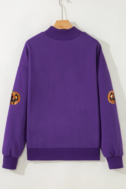 Tillandsia Purple Sequin Pumpkin Spooky Graphic Halloween Pullover Sweatshirt