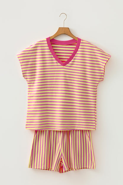 Yellow Stripe Colorblock Trim V Neck Tee Drawstring Elastic Waist Short Set