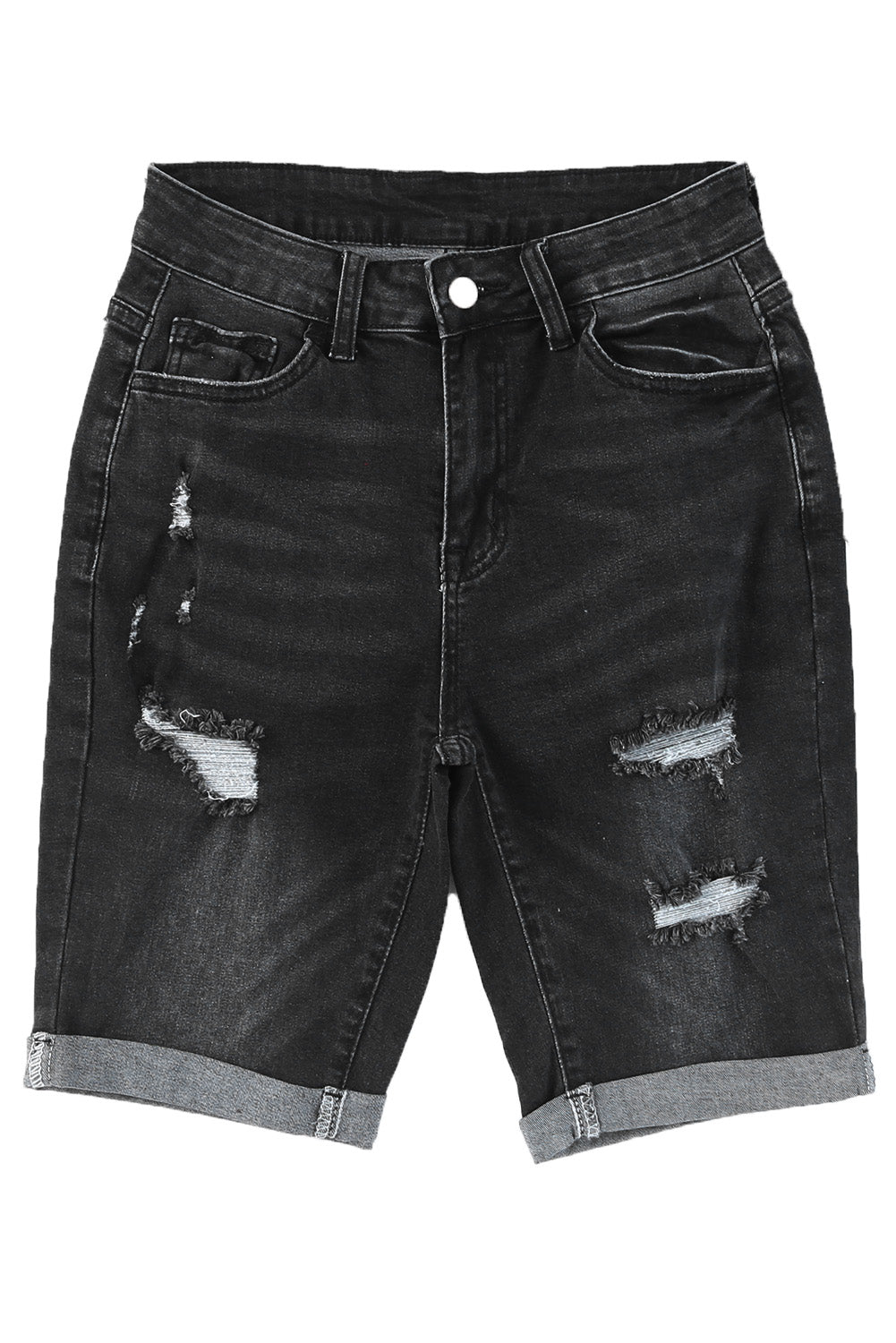 Short bermuda en jean effet vieilli et retroussé 