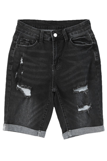 Short bermuda en jean effet vieilli et retroussé 