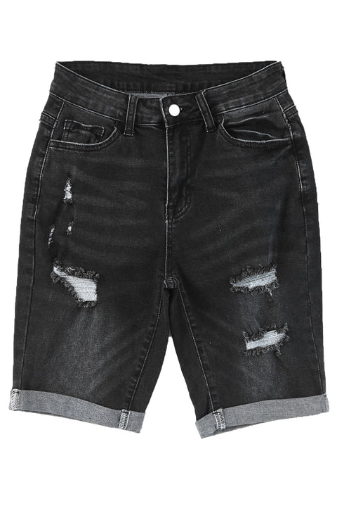 Roll-up Distressed Bermuda Denim Shorts
