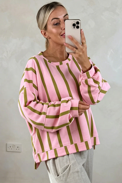 Green Stripe Dropped Shoulder Round Neck Casual Sweatshirt