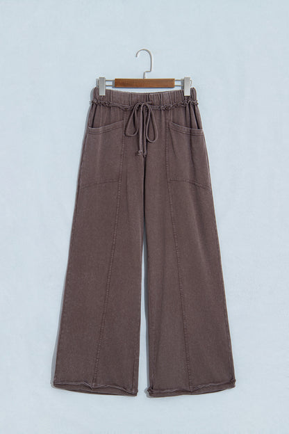 Coffee Mineral Wash Seam Detail Flare Leg Drawstring Pants