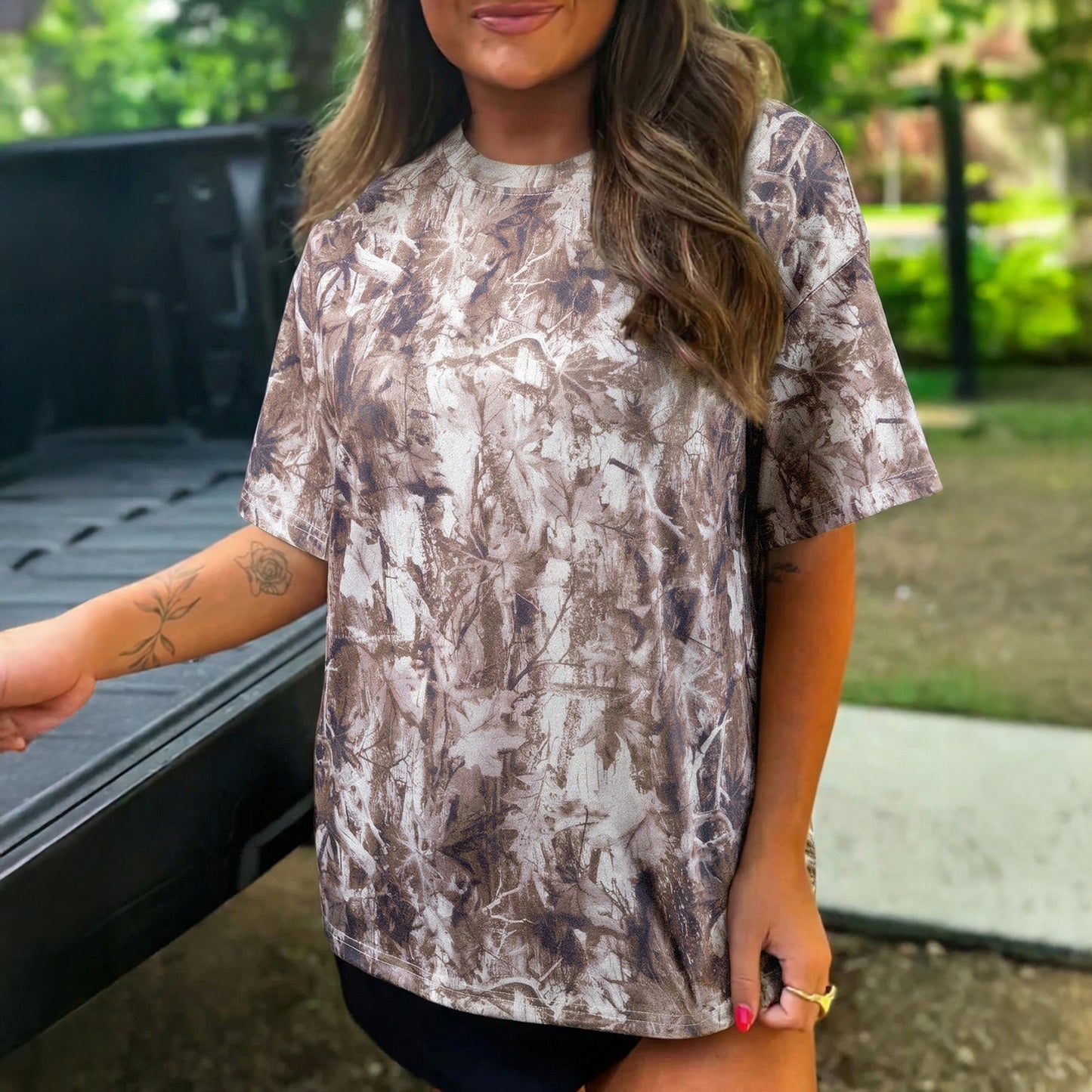 Khaki Camouflage Woodland Print Drop Shoulder Tunic Tee