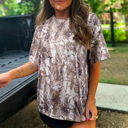Khaki Camouflage Woodland Print Drop Shoulder Tunic Tee