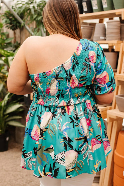 Chemisier babydoll vert grande taille à manches courtes bouffantes et à corsage fleuri froncé