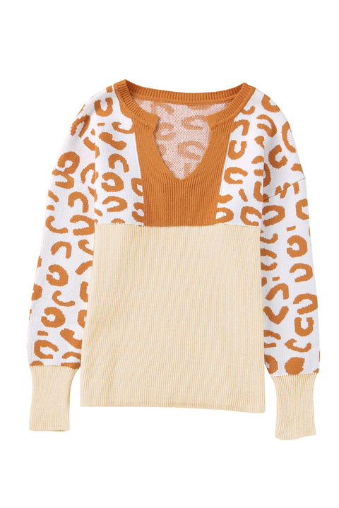 Colorblock Leopard V Neck Sweater