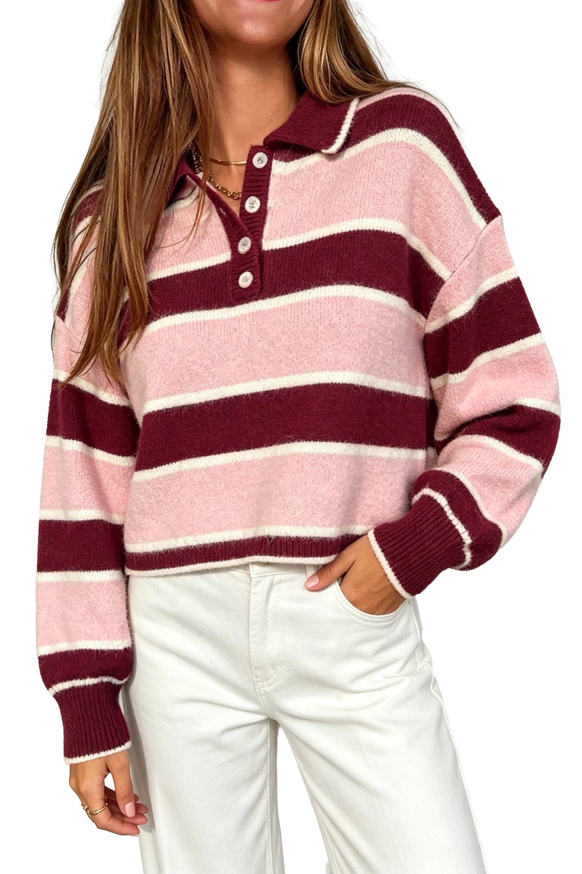 Pink Striped Polo Collar Long Sleeve Ribbed Cuff Casual Knit Sweater