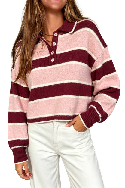 Pink Striped Polo Collar Long Sleeve Ribbed Cuff Casual Knit Sweater
