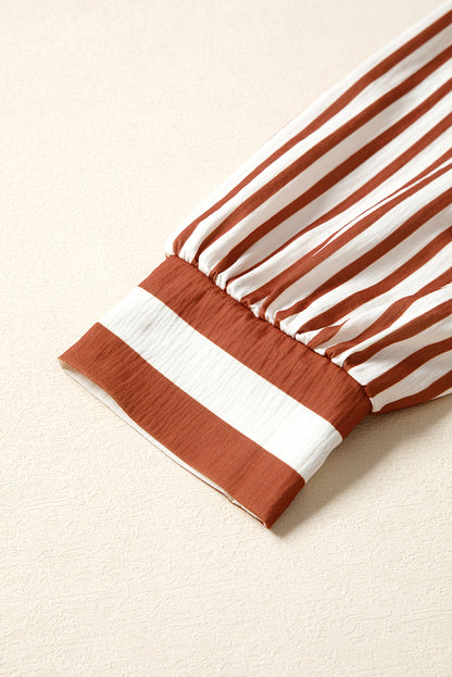 Brown Stripe Babydoll Long Sleeve Blouse