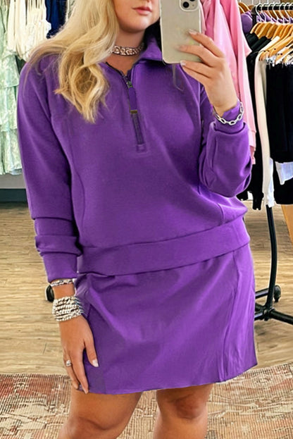 Wisteria Collar Half Zip Pullover Mini Skirt Plus Size 2pcs Set