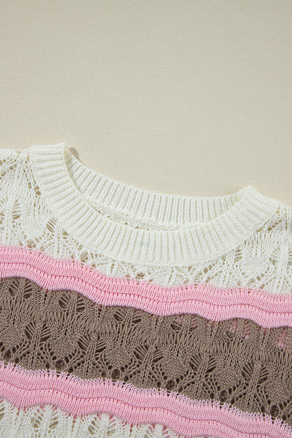 Pull à manches mi-longues en crochet ajouré à rayures marron et blocs de couleurs