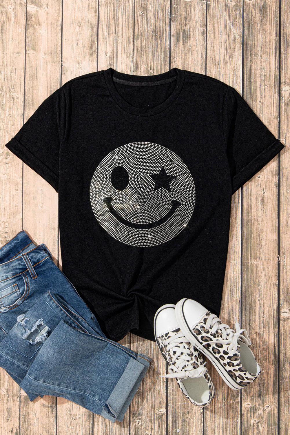 T-shirt noir à strass scintillants avec motif sourire