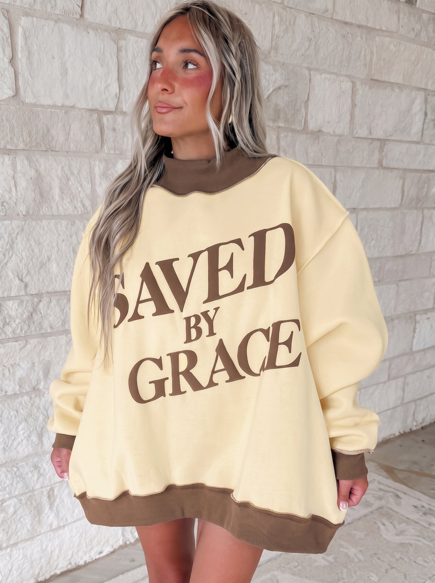 Coffee Saved By Grace Print Color Block Mock Neck Oversized Sweatshirt