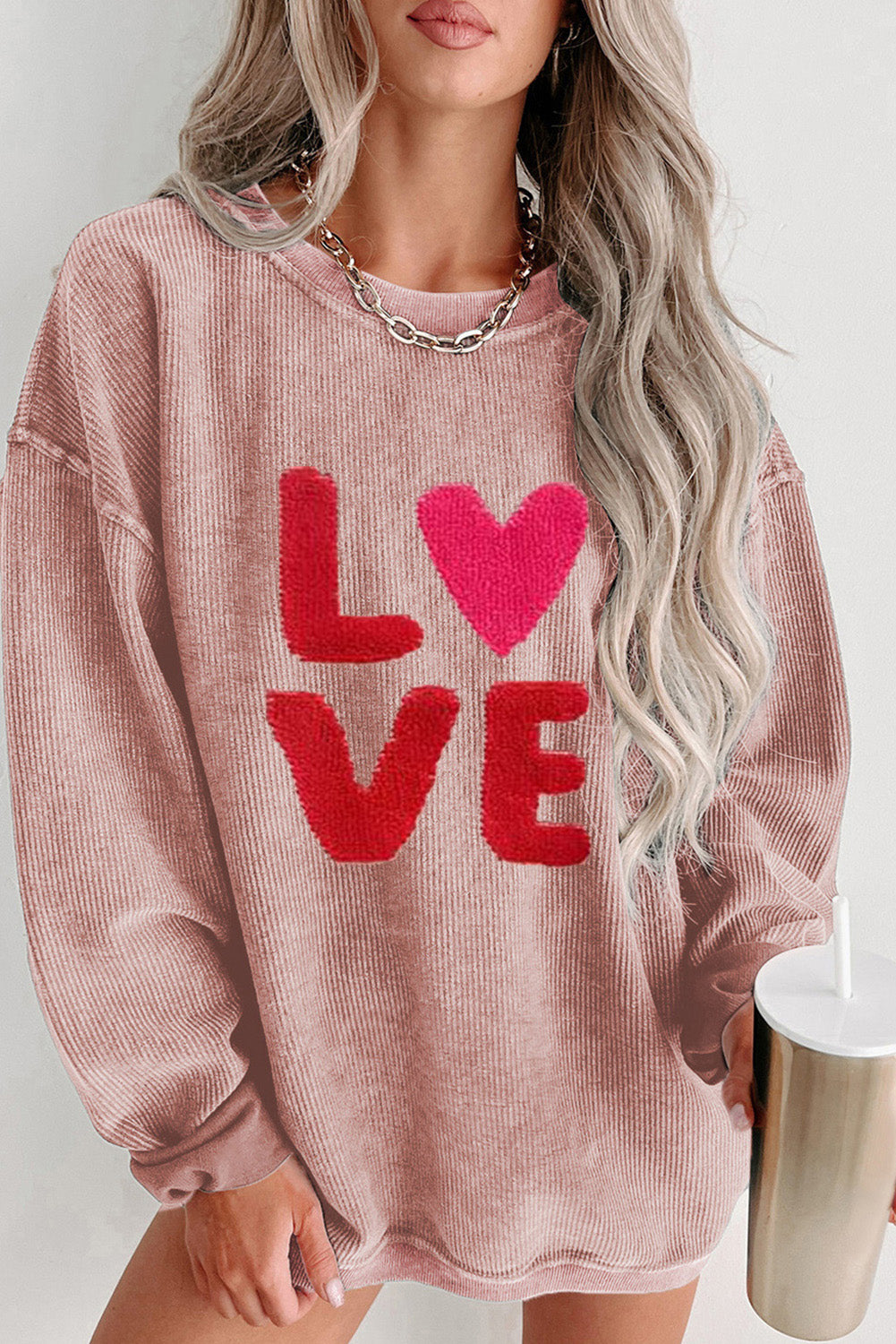 Pink Valentines LOVE Graphic Corded Baggy Sweatshirt