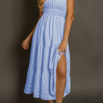 Sky Blue Shirred Pleated Square Neck Sleeveless Midi Dress