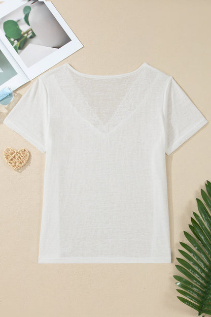 White Hollowed Lace Splicing V Neck T Shirt