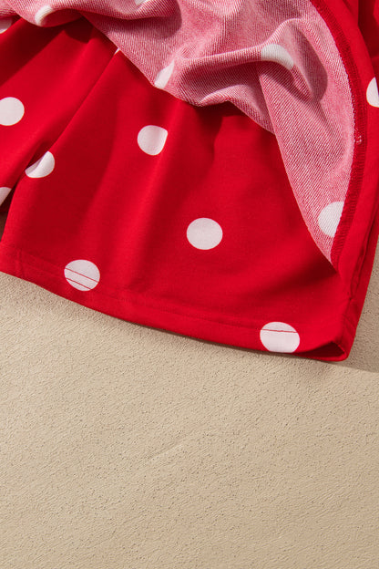 Red Polka Dot Raw Hem Relaxed Pullover Loose Skort Two Piece Set