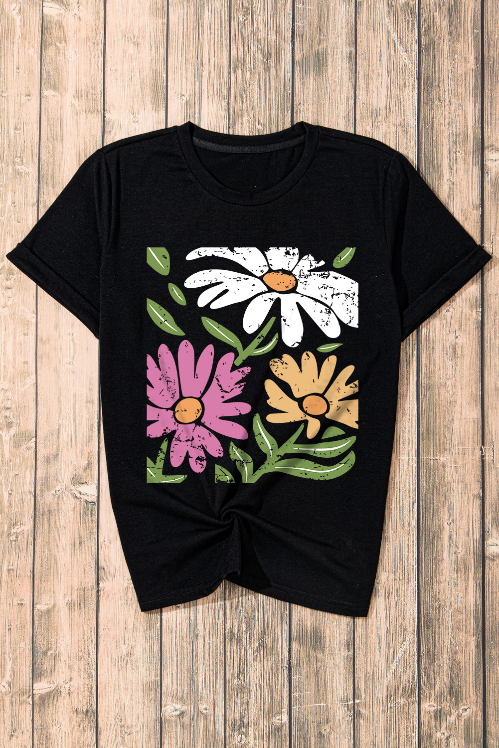 T-shirt décontracté à col rond et imprimé floral rétro noir
