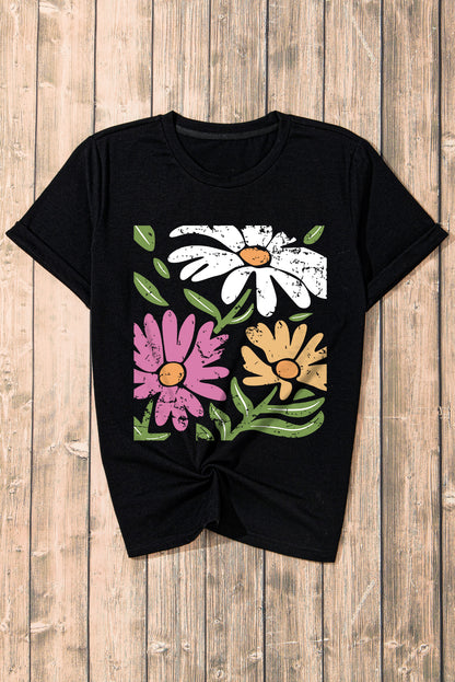 T-shirt décontracté à col rond et imprimé floral rétro noir