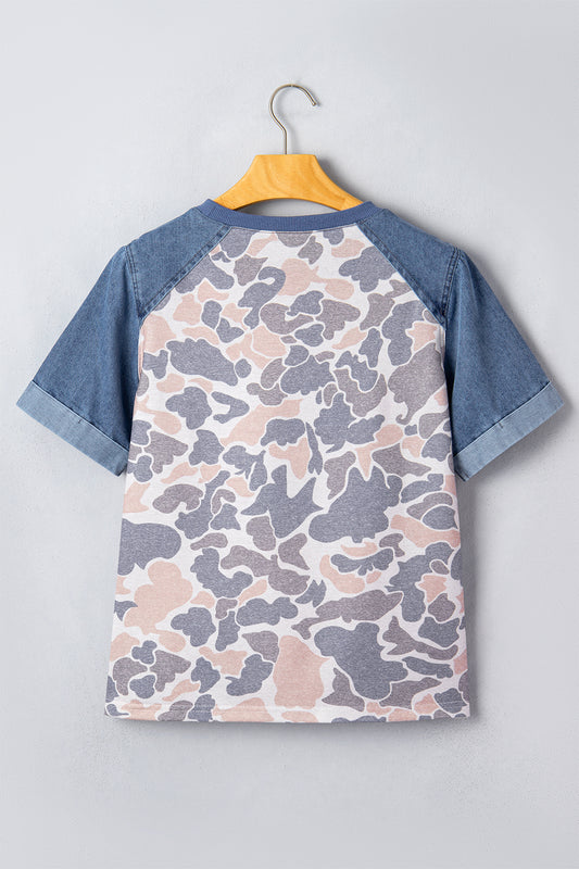 Multicolour Camouflage Print Denim Color Block Sleeve Casual Tee