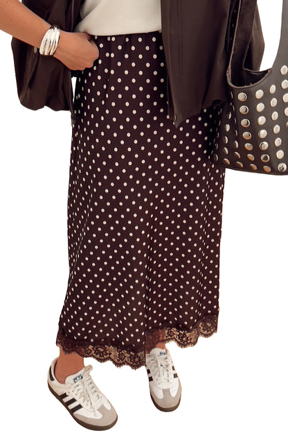 Brown Polka Dot Lace Hem Elegant Long Shift Skirt