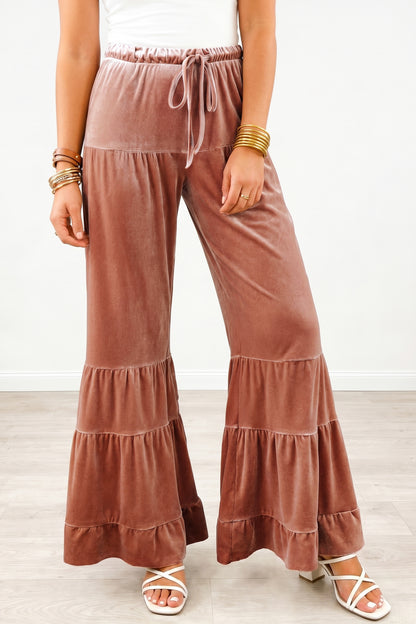Straw Yellow Mineral Wash Lace-up High Waist Tiered Bell Bottom Pants