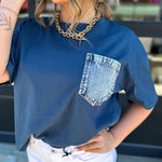 Sail Blue Color Block Chest Pocket Patched Casual Short Sleeve Top