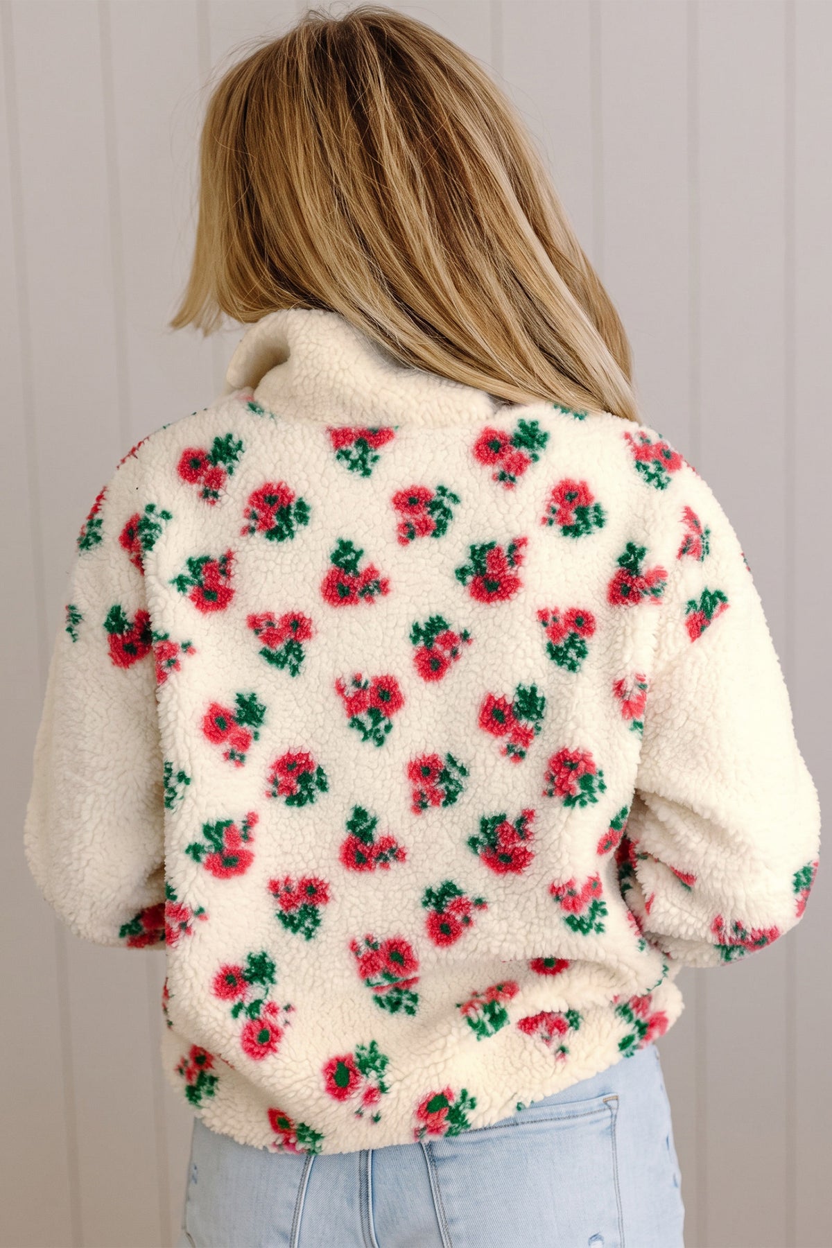 White Floral Print Fleece Contrast Trim Button Collar Sweatshirt