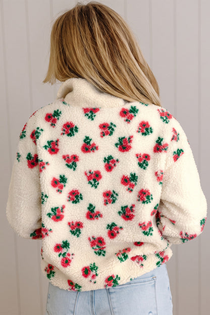 White Floral Print Fleece Contrast Trim Button Collar Sweatshirt
