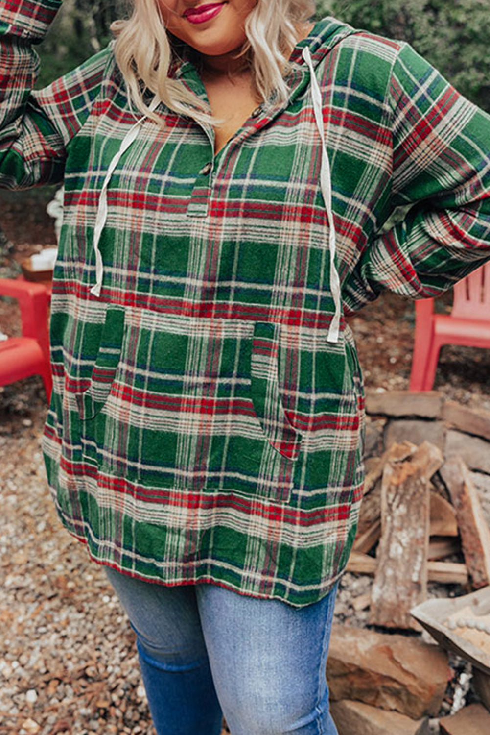 Green Plus Size Plaid Kangaroo Pocket Drawstring Hoodie