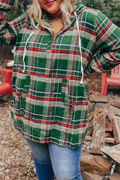 Green Plus Size Plaid Kangaroo Pocket Drawstring Hoodie