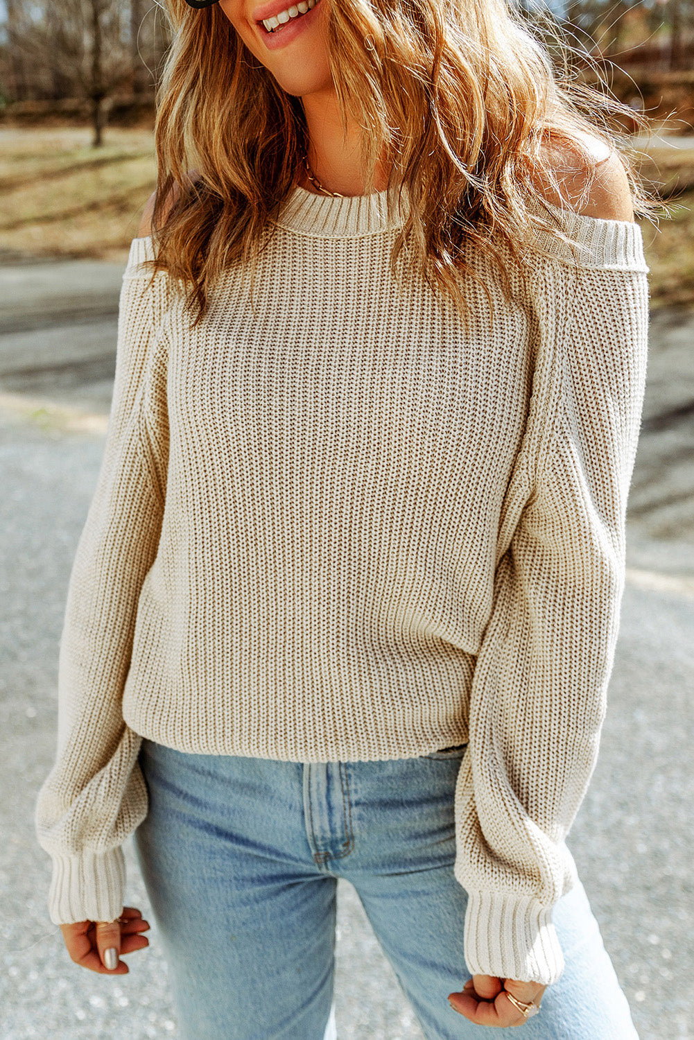 Suéter de punto acanalado con hombros descubiertos y cinturón cruzado sin espalda para mujer, informal, holgado, de manga larga, Color sólido, para invierno