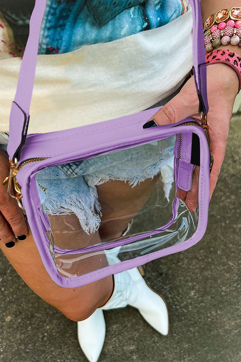 Bolso bandolera con correa de cuero de PVC transparente blanco